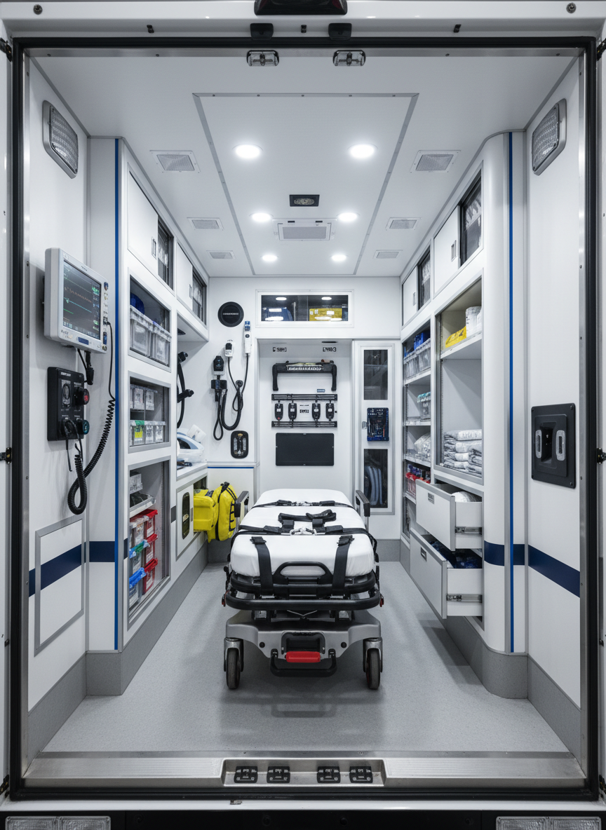 An ultra-clean, fully equipped ambulance interior photographed from the rear doors looking in, showcasing custom cabinetry, stretcher system, oxygen outlets, and integrated monitoring equipment. The walls are bright white with smooth, easy-to-clean surfaces, accented by subtle gray and blue trim for a medical, professional aesthetic. LED ceiling panels cast even, cool-toned light that eliminates harsh shadows and highlights the ergonomic layout. Built-in storage is partially open to reveal labeled containers, trauma bags, and immobilization gear neatly arranged. The camera uses a wide-angle lens to capture the full cabin in sharp focus, creating a sense of spaciousness and order. The mood is precise, clinical, and reassuring, visually communicating advanced equipment, safety compliance, and thoughtful design tailored to critical care transport.